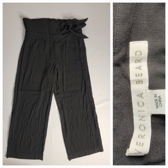Veronica Beard Pants Sz 4 Crop Wide Leg High Rise Straight Side Tie - Picture 1 of 11